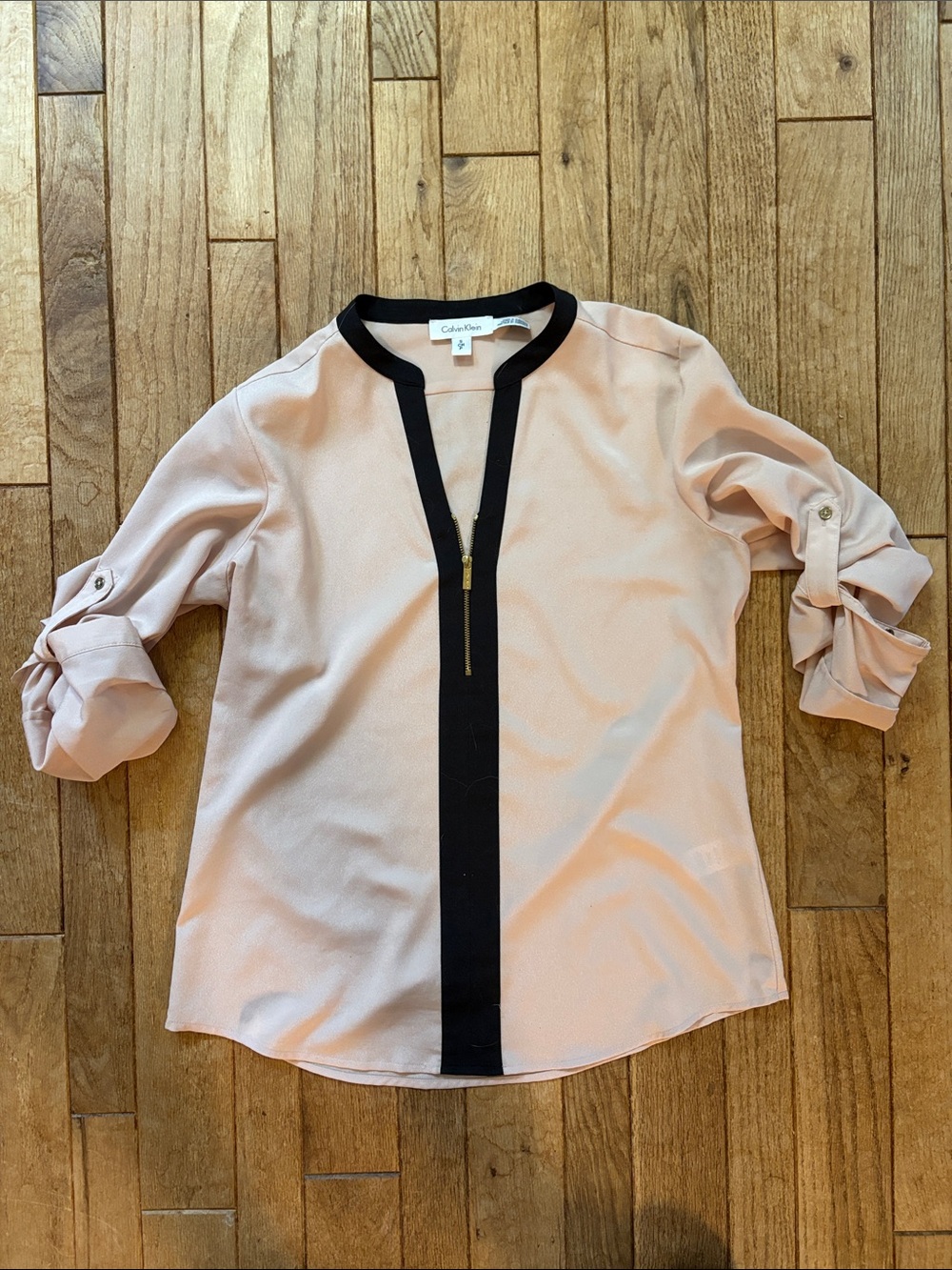 Calvin Klein Blush Pink Blouse with Black Trim and Zip Placket